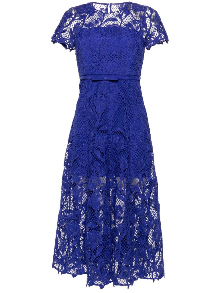 Shop Self-portrait Midi Dress With Lace Detail And Cap Sleeves In Blu