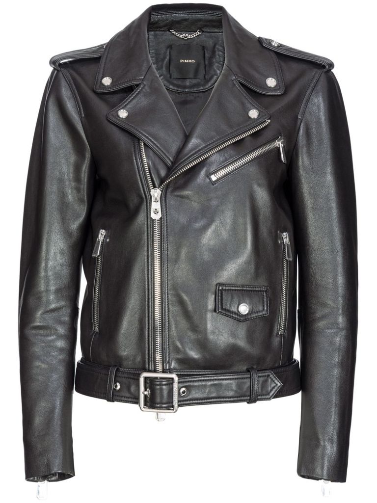 Shop Pinko Costarica Leather Jacket With Belt In Nero