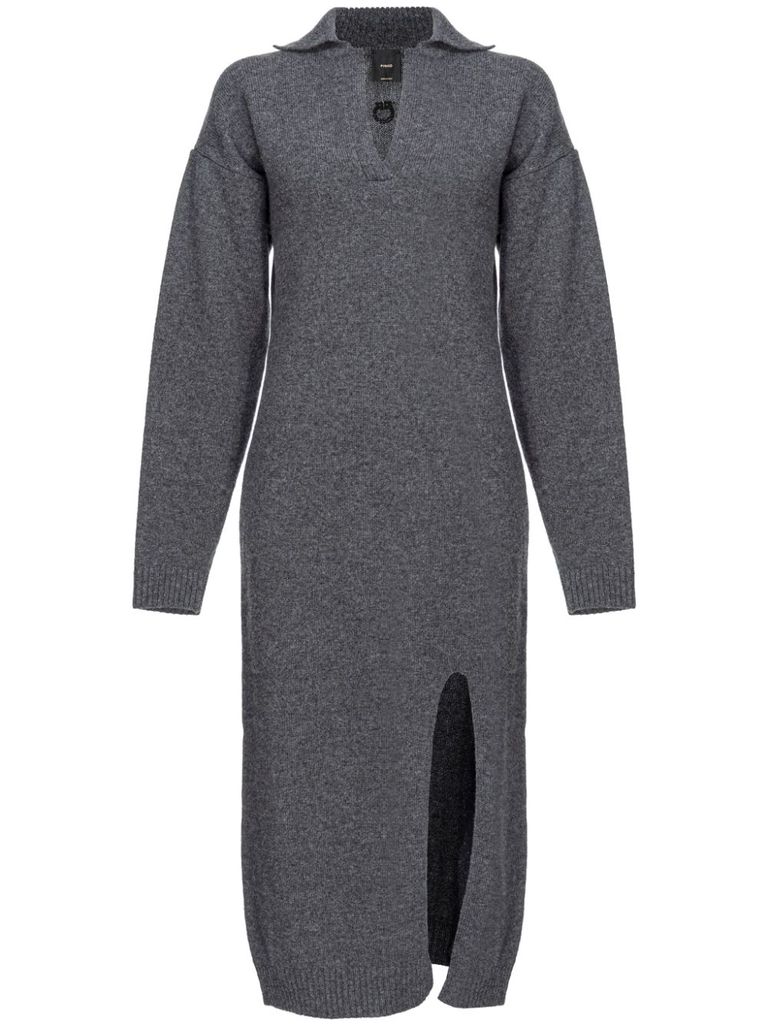 Shop Pinko Vellutato Midi Dress In Wool And Cashmere With Slit In Grigio