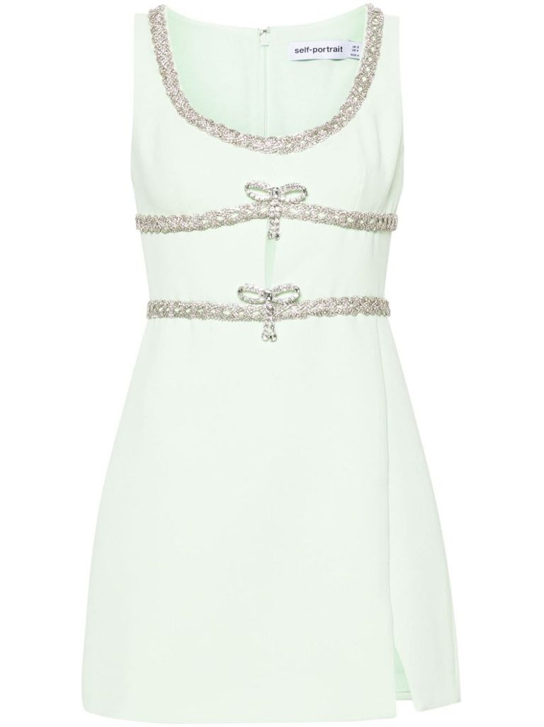 Shop Self-portrait Short Dress With Rhinestones And Round Neckline In Verde