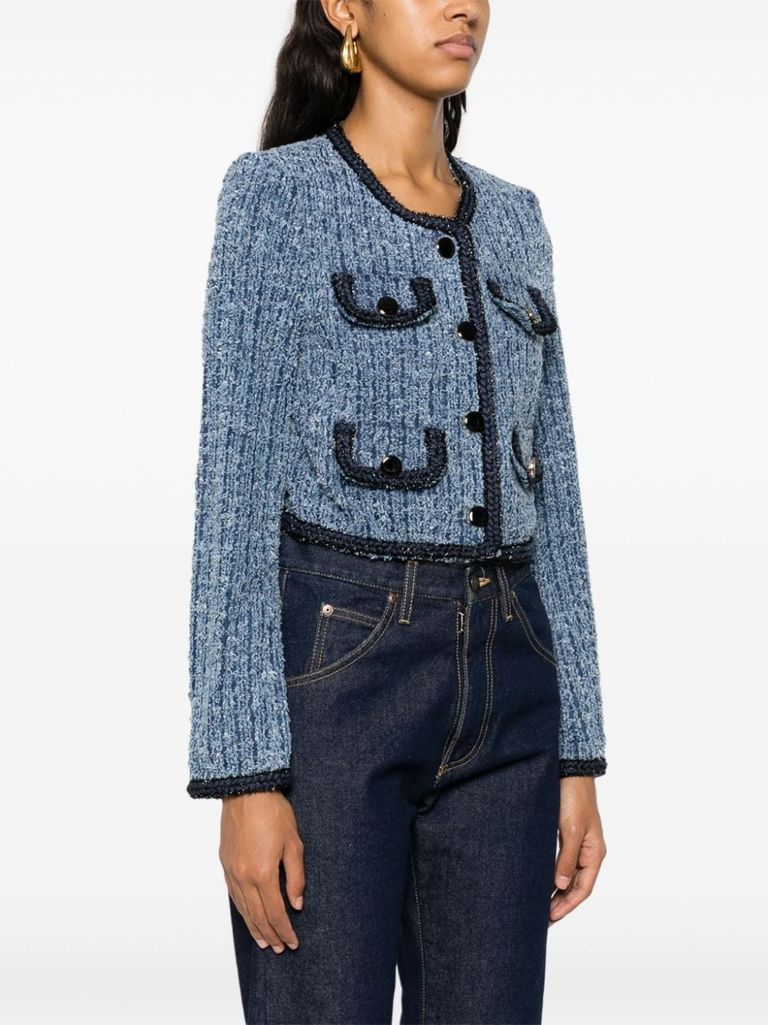 Shop Self-portrait Crop Denim Jacket In Cotton Blend With Pockets In Blu