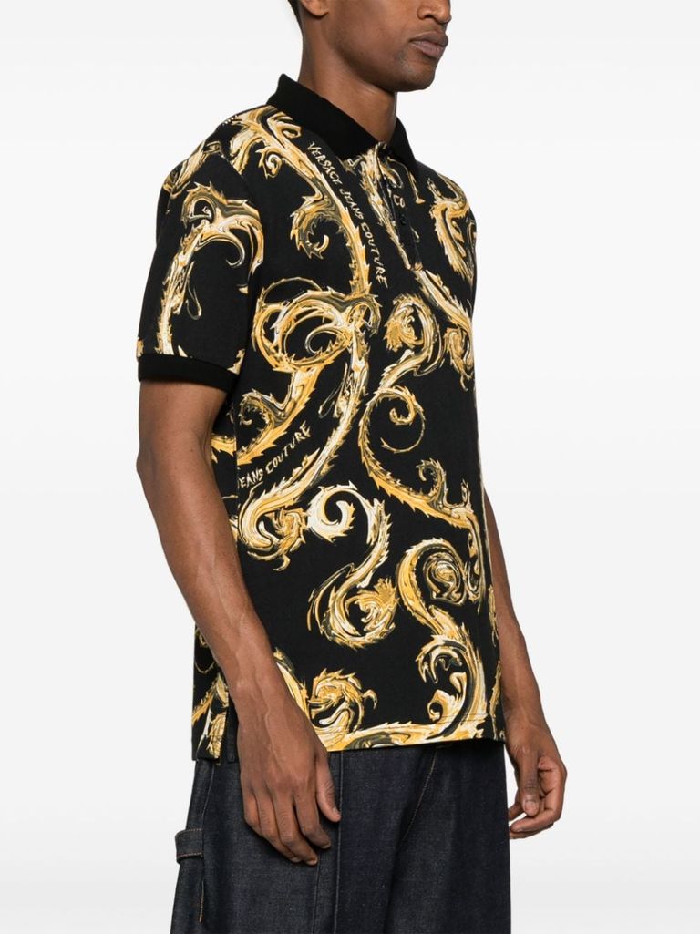 Shop Versace Jeans Couture Cotton Polo Shirt With Baroque Print In Nero