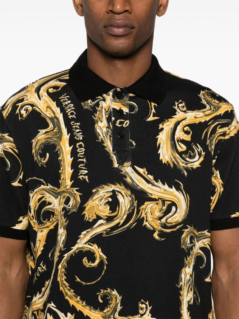 Shop Versace Jeans Couture Cotton Polo Shirt With Baroque Print In Nero