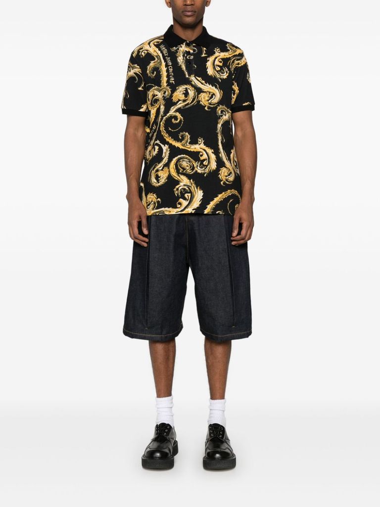 Shop Versace Jeans Couture Cotton Polo Shirt With Baroque Print In Nero