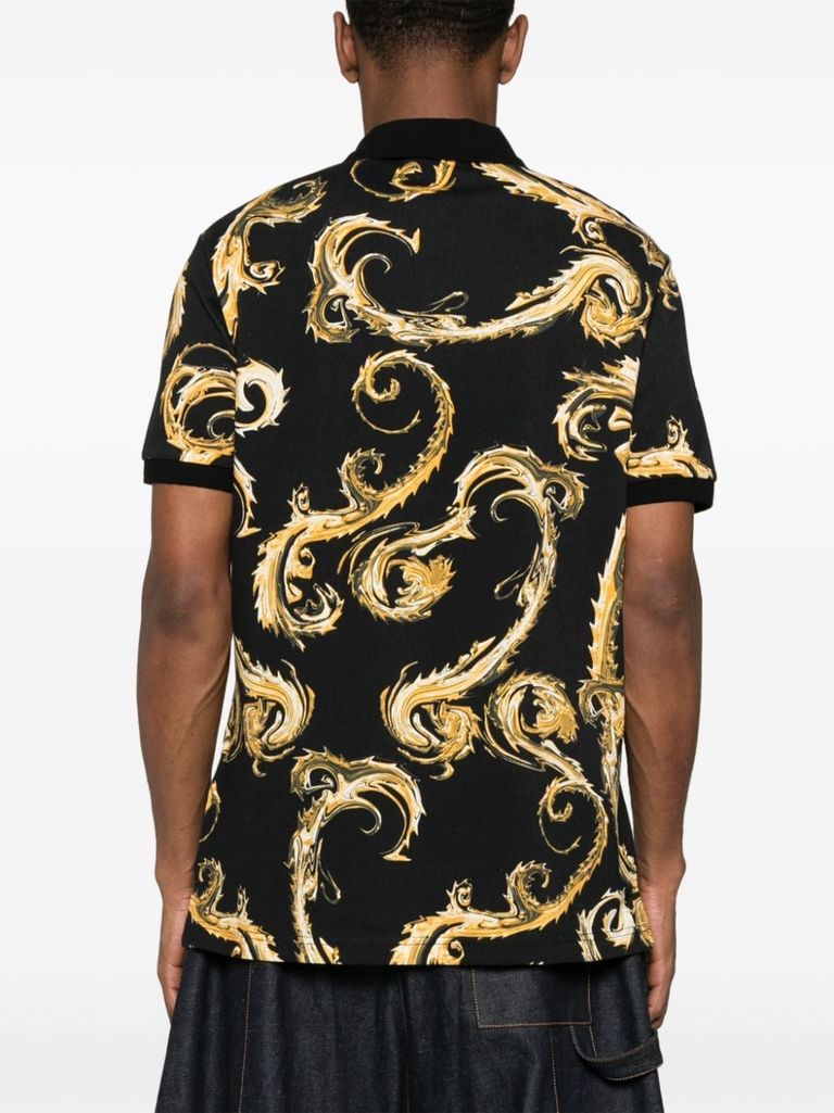 Shop Versace Jeans Couture Cotton Polo Shirt With Baroque Print In Nero