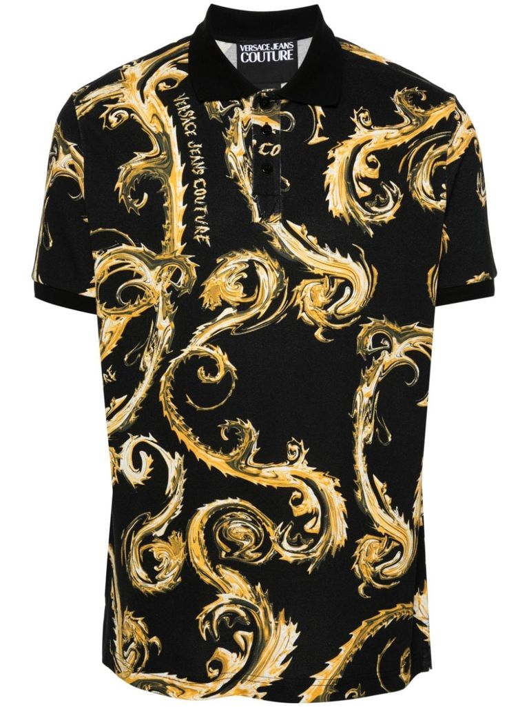 Shop Versace Jeans Couture Cotton Polo Shirt With Baroque Print In Nero