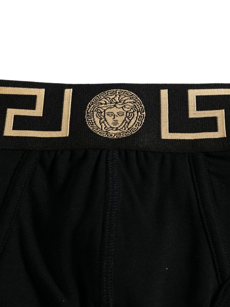 Shop Versace Stretch Cotton Briefs Shorts With Greek Key Pattern And Logo In Nero