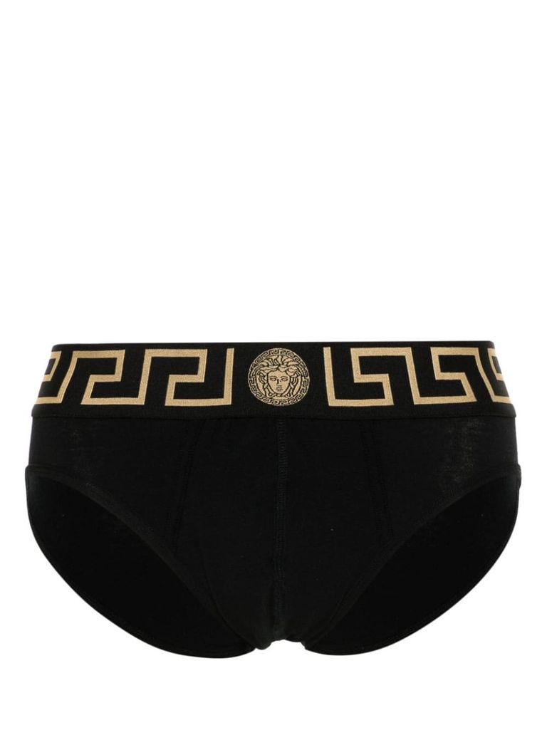 Shop Versace Stretch Cotton Briefs Shorts With Greek Key Pattern And Logo In Nero