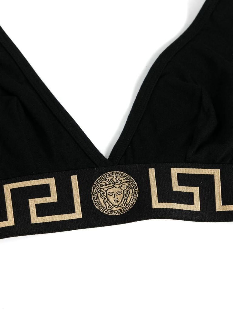 Shop Versace Triangle Bra In Stretch Cotton With Greek Key Pattern In Nero