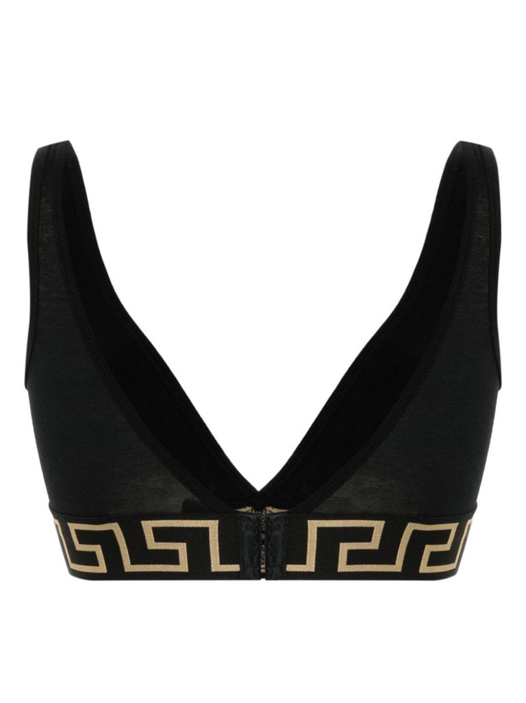 Shop Versace Triangle Bra In Stretch Cotton With Greek Key Pattern In Nero