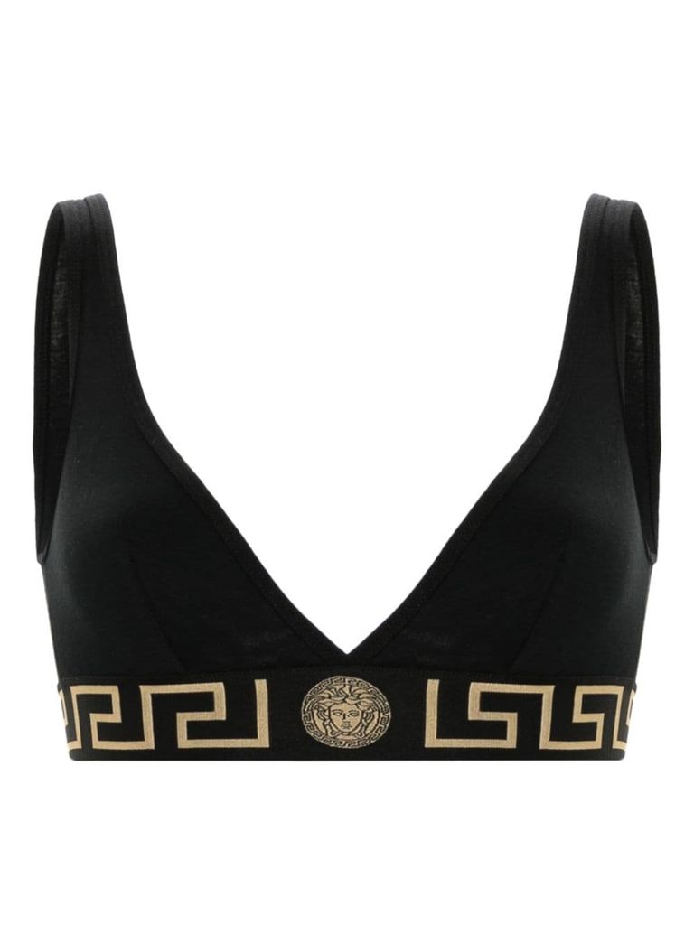 Shop Versace Triangle Bra In Stretch Cotton With Greek Key Pattern In Nero