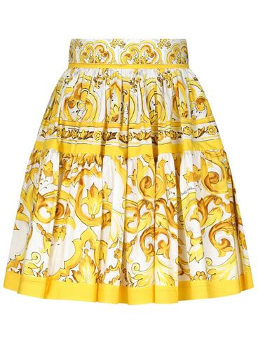 Short flared cotton skirt with majolica print