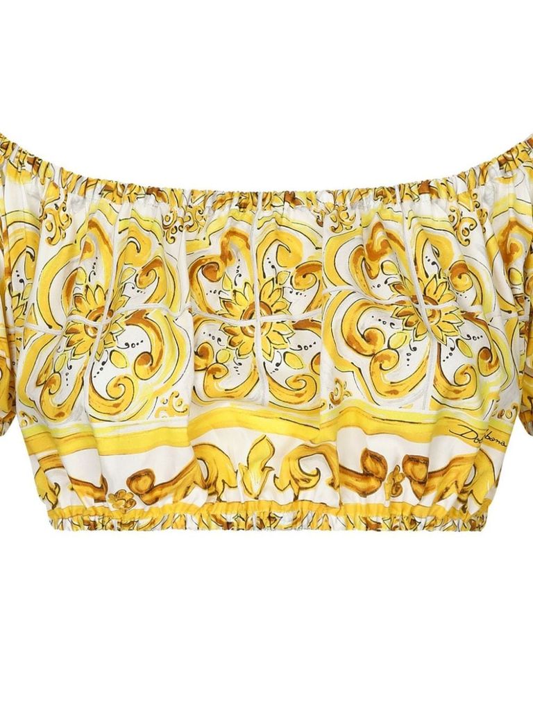 Shop Dolce & Gabbana Short Cotton Poplin Top With Majolica Print In Giallo