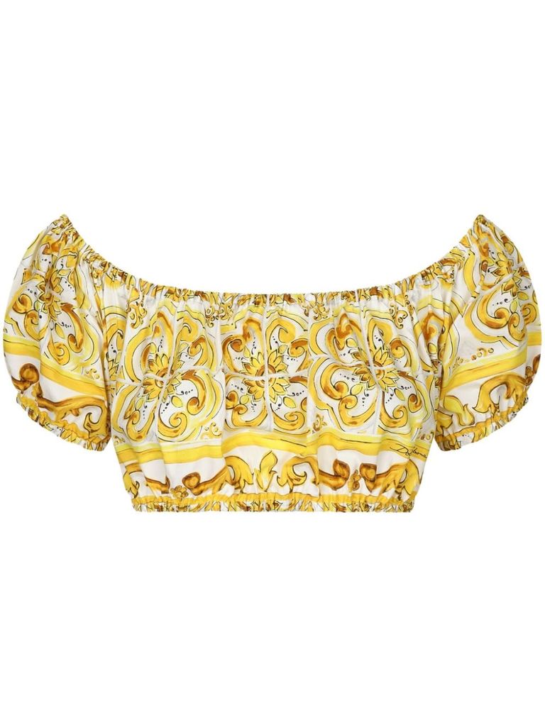 Shop Dolce & Gabbana Short Cotton Poplin Top With Majolica Print In Giallo