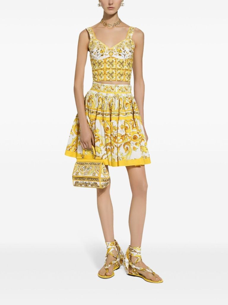 Shop Dolce & Gabbana Majolica Print Cotton Poplin Bustier Top In Giallo