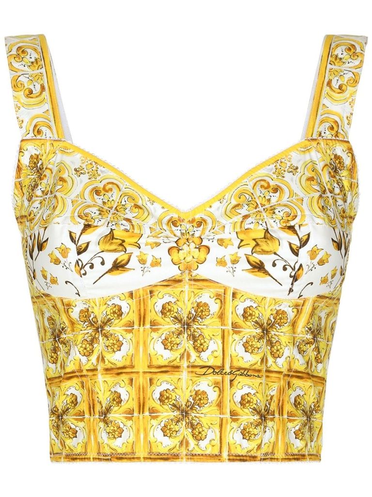 Shop Dolce & Gabbana Majolica Print Cotton Poplin Bustier Top In Giallo