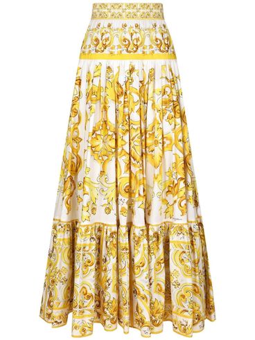 Long tiered cotton skirt with majolica print