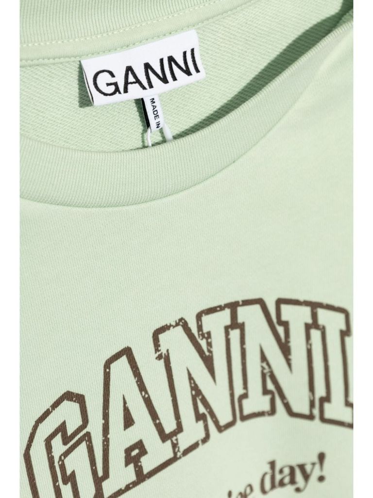 Shop Ganni Organic Cotton Crew Neck Sweatshirt With Logo In Verde