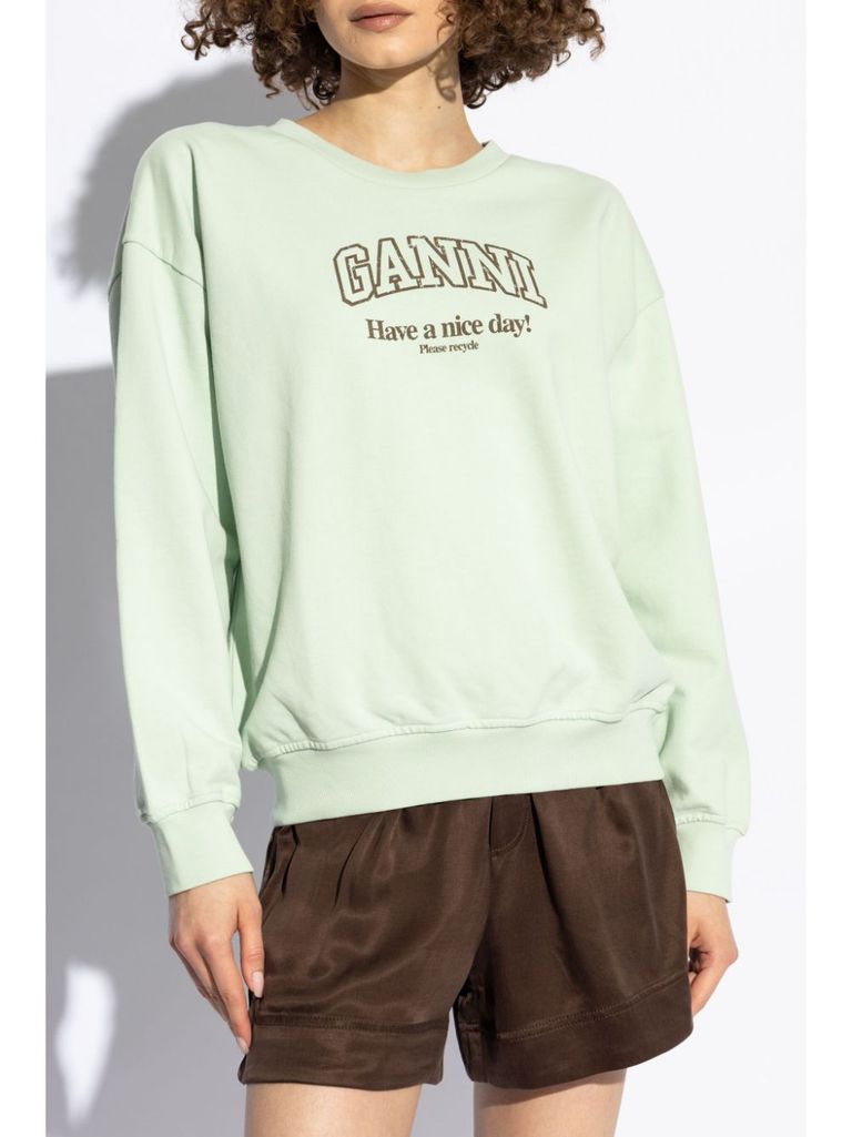 Shop Ganni Organic Cotton Crew Neck Sweatshirt With Logo In Verde