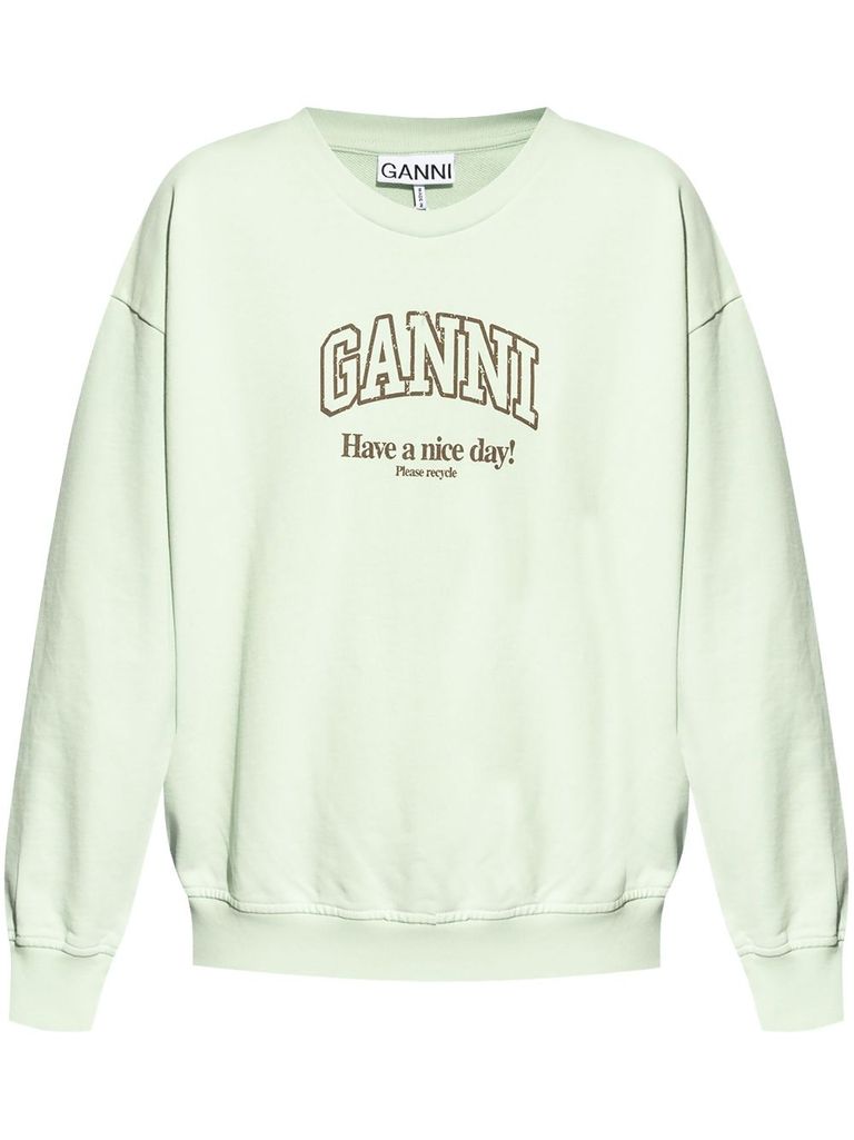 Shop Ganni Organic Cotton Crew Neck Sweatshirt With Logo In Verde