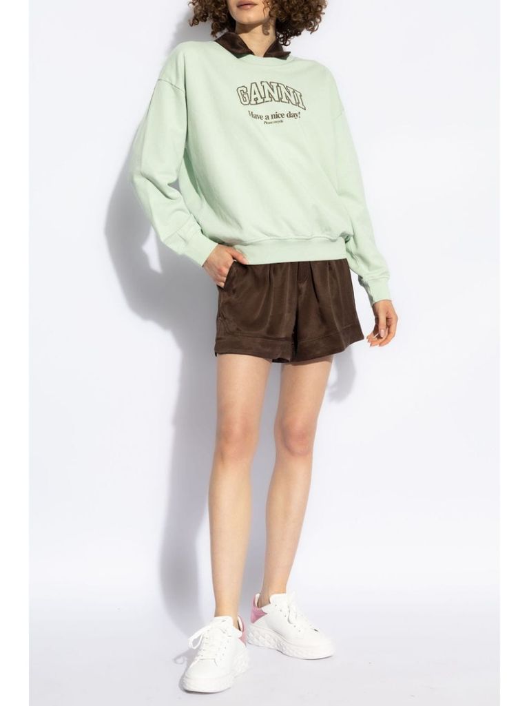 Shop Ganni Organic Cotton Crew Neck Sweatshirt With Logo In Verde