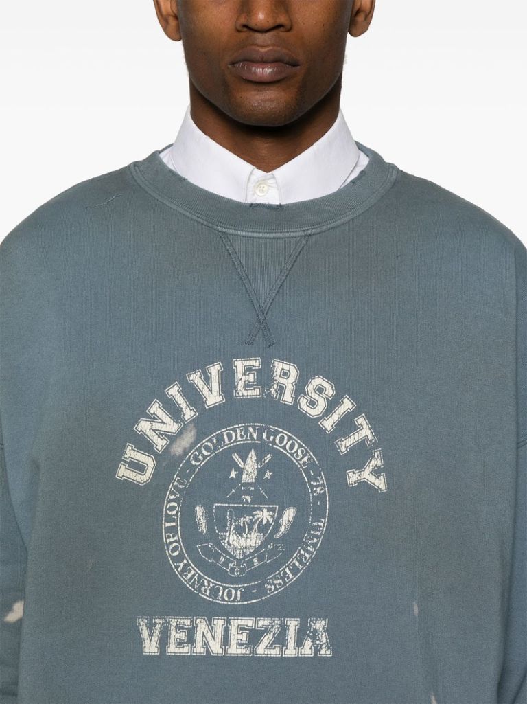 Shop Golden Goose The Martin Distressed Cotton Sweatshirt With Print In Blu