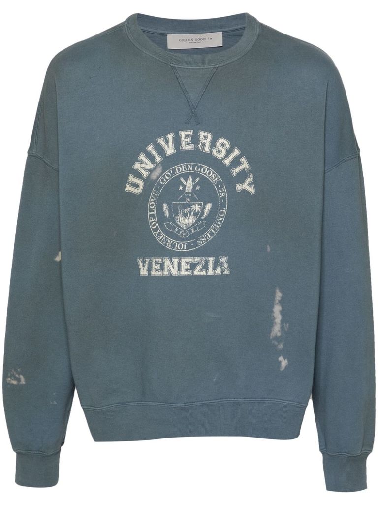 Shop Golden Goose The Martin Distressed Cotton Sweatshirt With Print In Blu