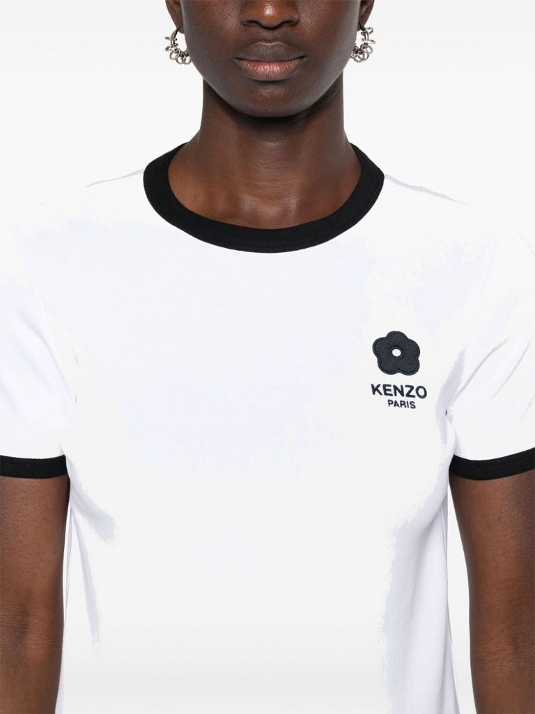 Shop Kenzo Stretch Cotton T-shirt With Logo Print In Bianco