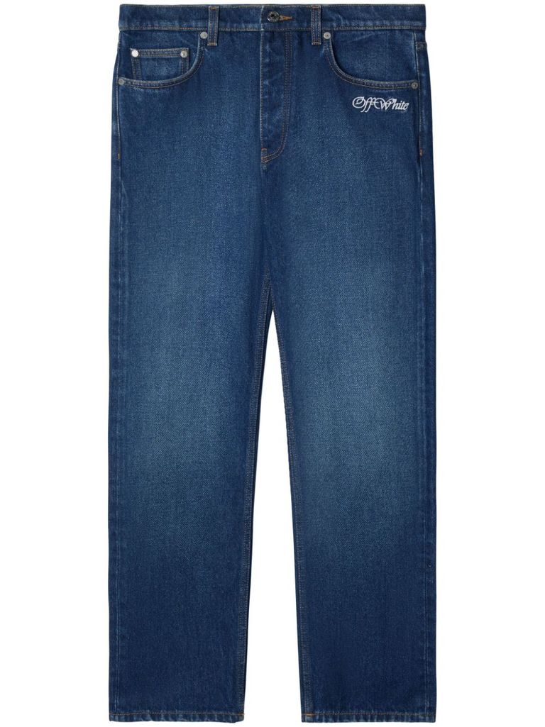 Shop Off-white Script Tapered Jeans In Cotton In Blu