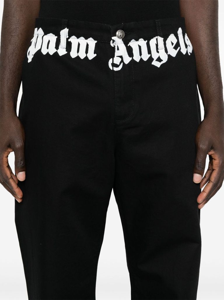 Shop Palm Angels Cotton Trousers With Logo Print In Nero