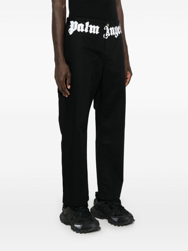 Shop Palm Angels Cotton Trousers With Logo Print In Nero