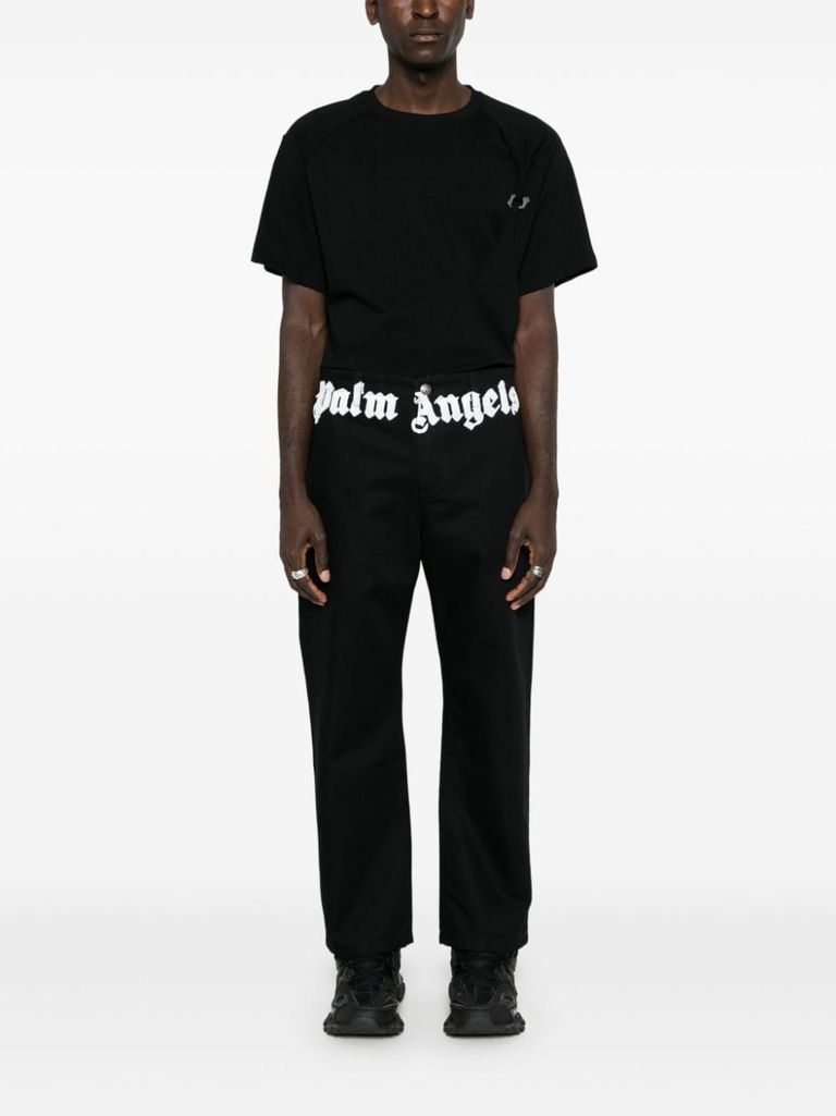 Shop Palm Angels Cotton Trousers With Logo Print In Nero