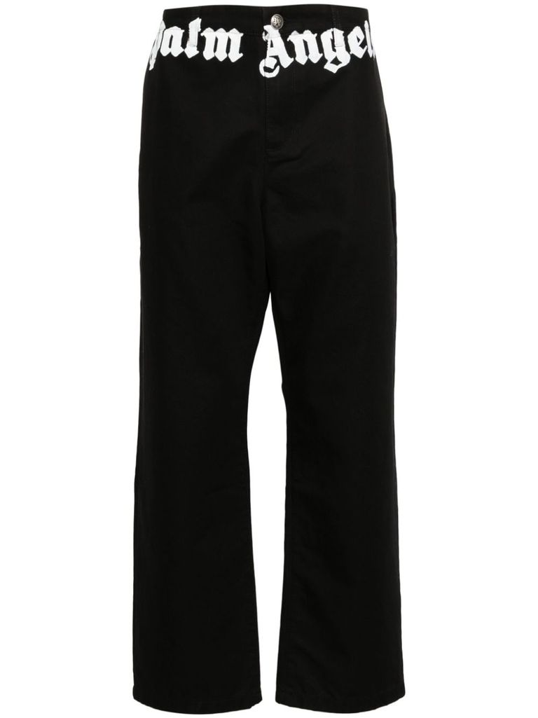 Shop Palm Angels Cotton Trousers With Logo Print In Nero