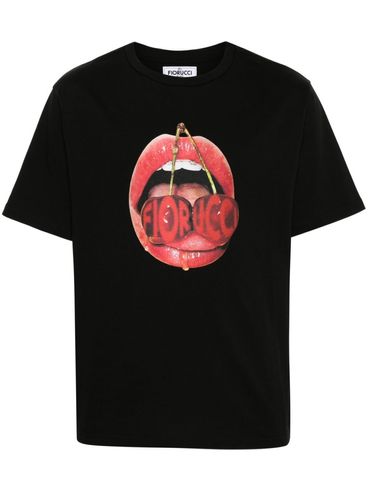 T-shirt in cotone con stampa logo e bocca