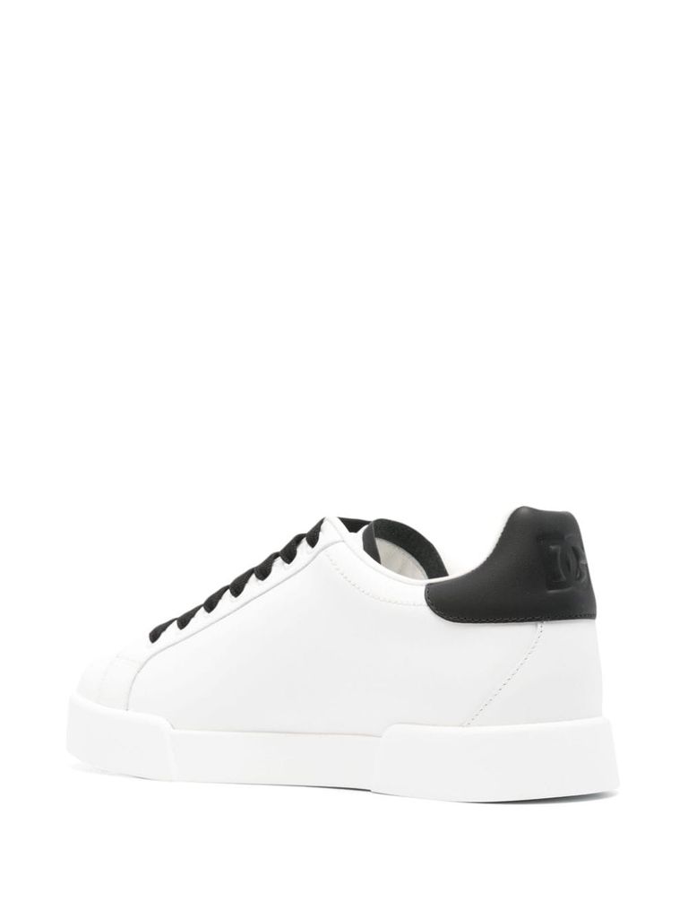 Shop Dolce & Gabbana Portofino Calfskin Leather Sneakers With Logo In Bianco