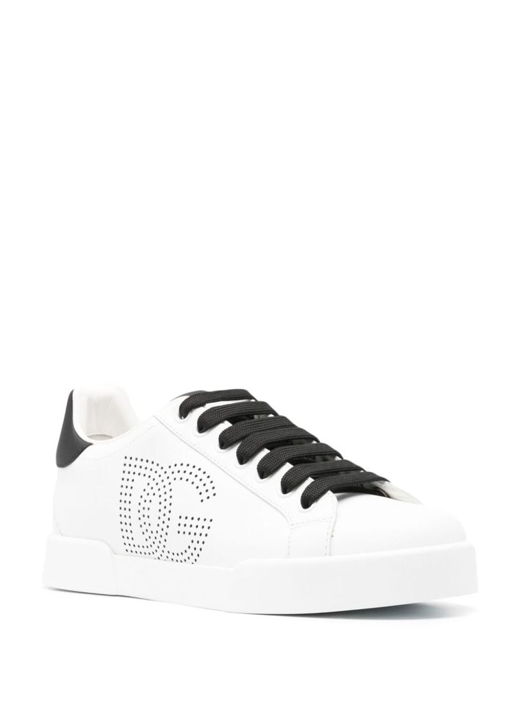 Shop Dolce & Gabbana Portofino Calfskin Leather Sneakers With Logo In Bianco