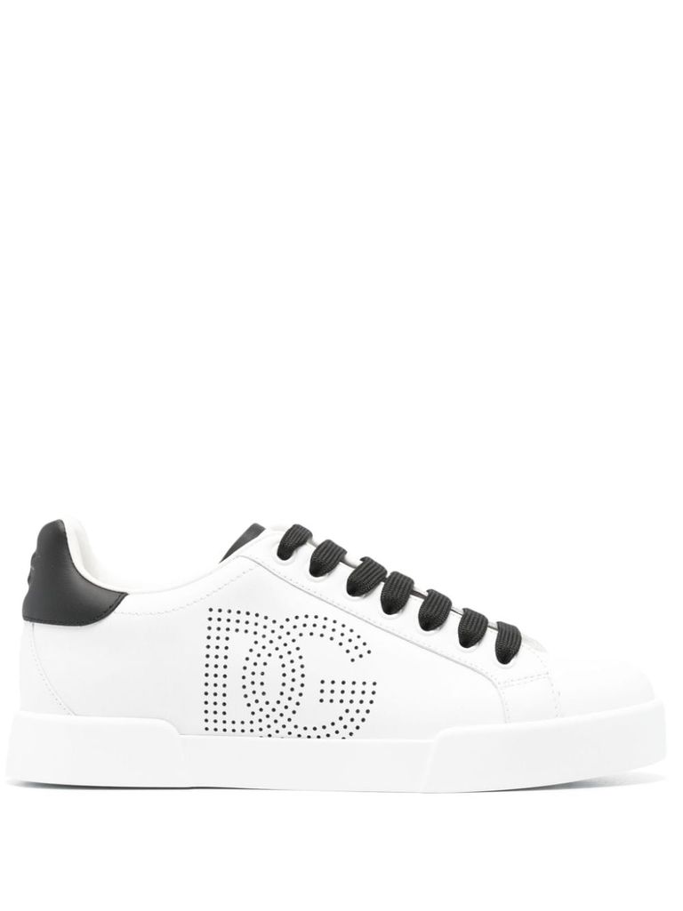 Shop Dolce & Gabbana Portofino Calfskin Leather Sneakers With Logo In Bianco