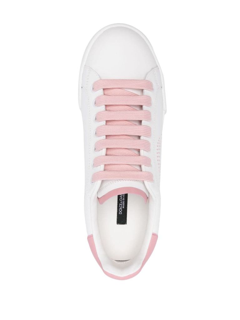 Shop Dolce & Gabbana Portofino Calfskin Leather Sneakers With Logo In Bianco