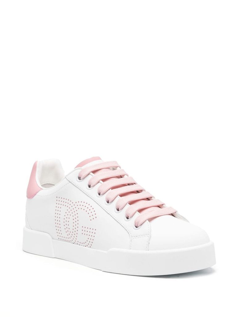 Shop Dolce & Gabbana Portofino Calfskin Leather Sneakers With Logo In Bianco