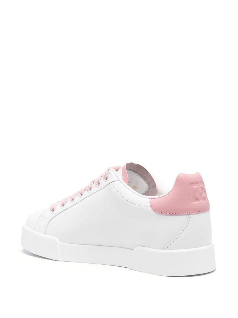 Shop Dolce & Gabbana Portofino Calfskin Leather Sneakers With Logo In Bianco