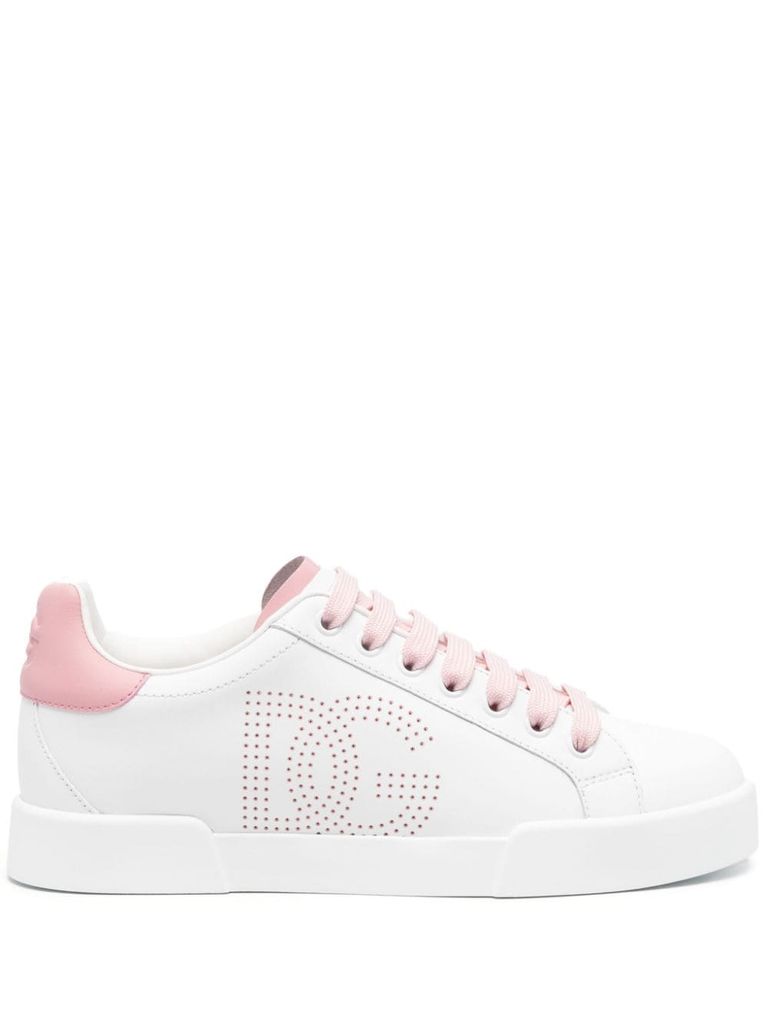 Shop Dolce & Gabbana Portofino Calfskin Leather Sneakers With Logo In Bianco