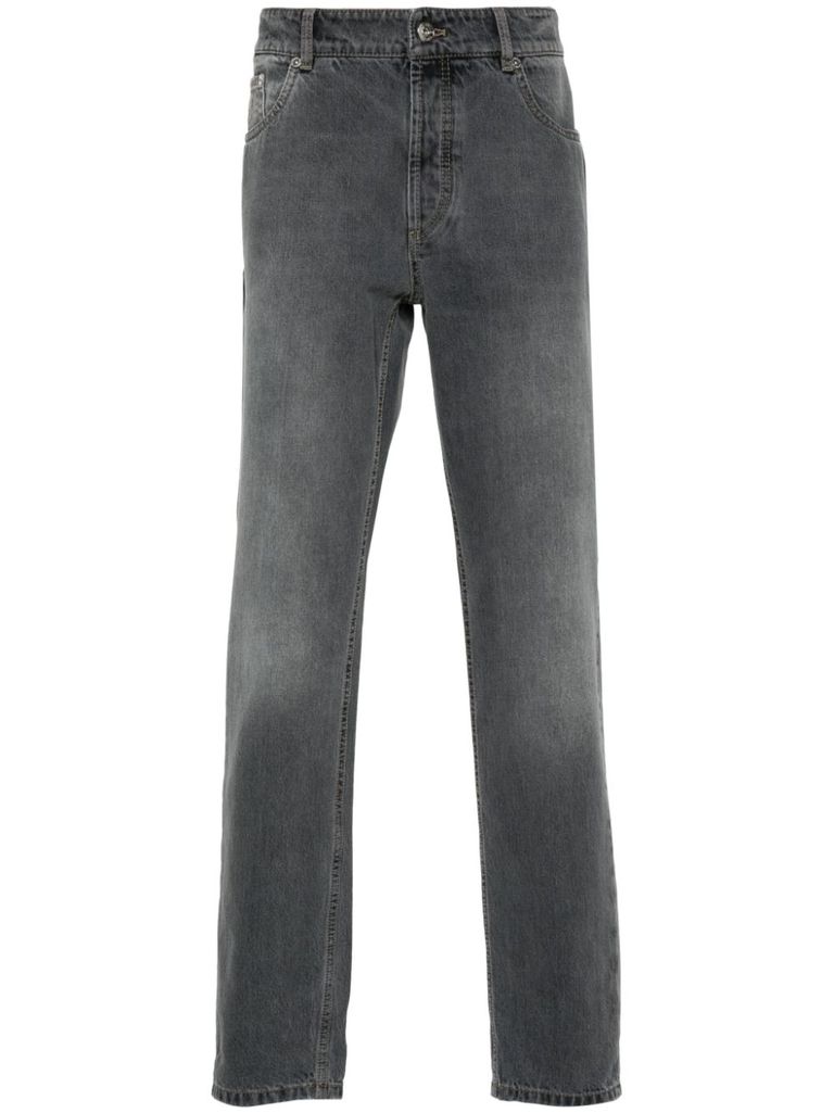 Shop Brunello Cucinelli Tapered Cotton Jeans With Medium Rise In Grey