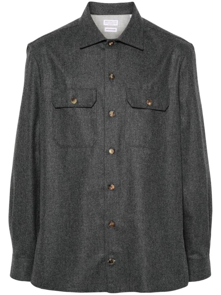 Shop Brunello Cucinelli Virgin Wool Shirt With Patch Pockets In Grey