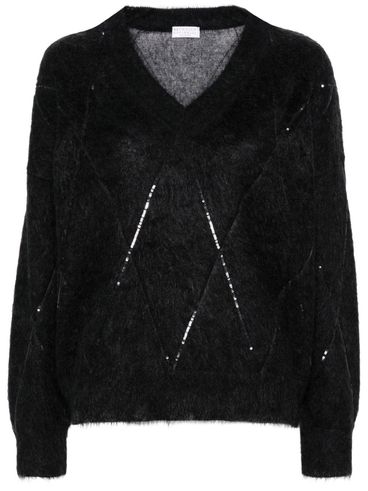 V-neck sweater made of mohair, wool, and cashmere