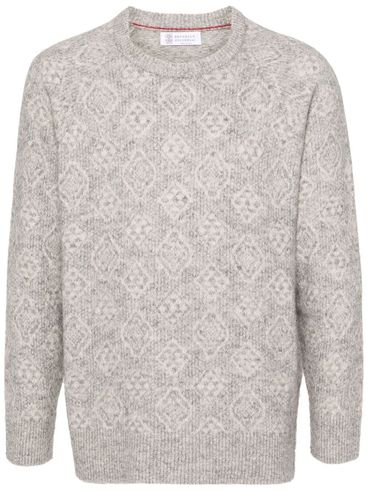 Crewneck sweater in alpaca, cotton, and wool with patterns