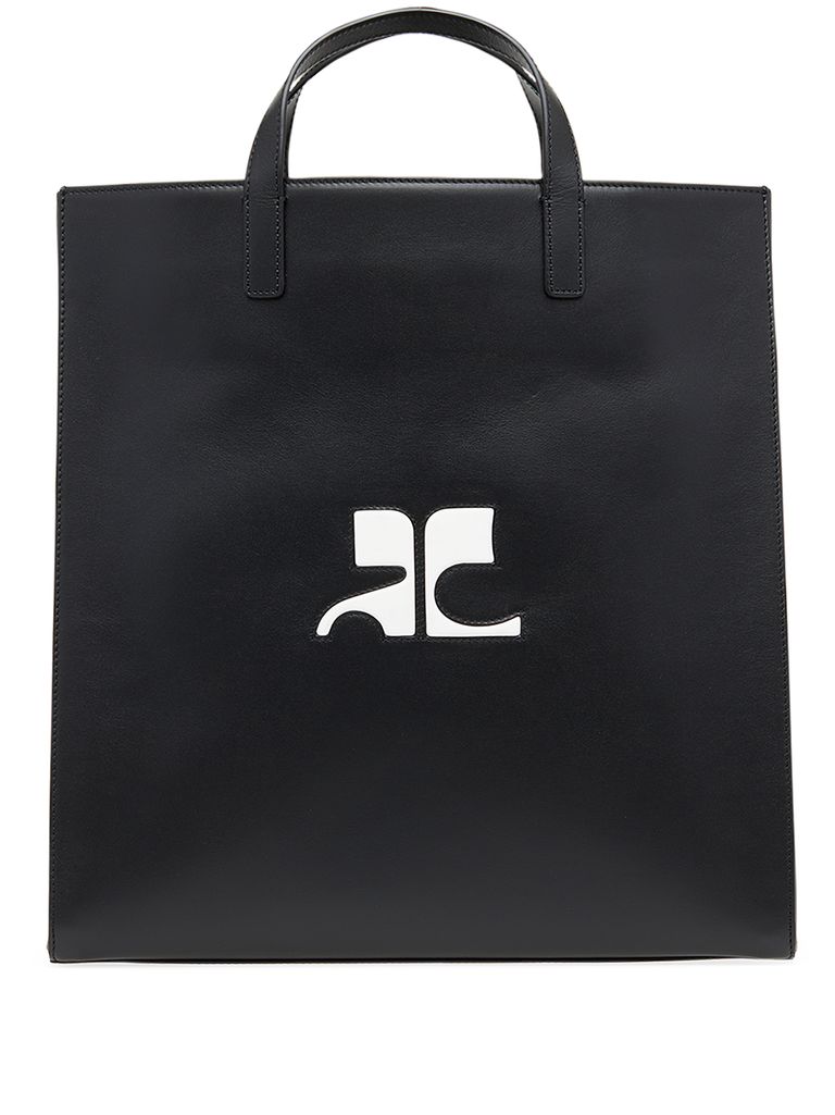 Shop Courrèges Reedition Tote Bag In Calfskin Leather With Logo In Black