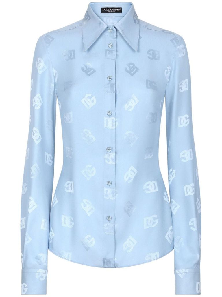 Shop Dolce & Gabbana Jacquard Silk Shirt With Dg Logo In Blue