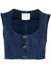 Top crop in denim con scollo ampio