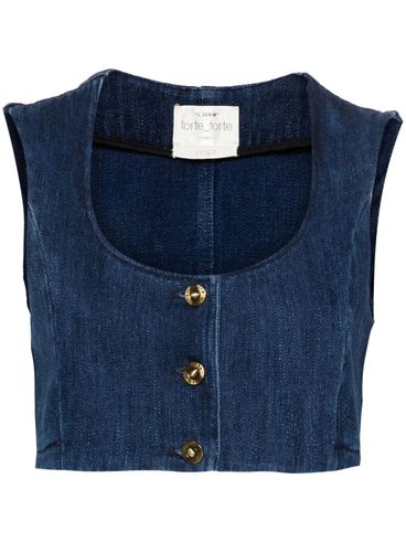 Top crop in denim con scollo ampio