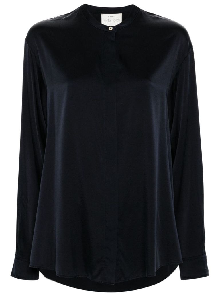 Shop Forte Forte Silk Shirt With A Mandarin Collar In Blue